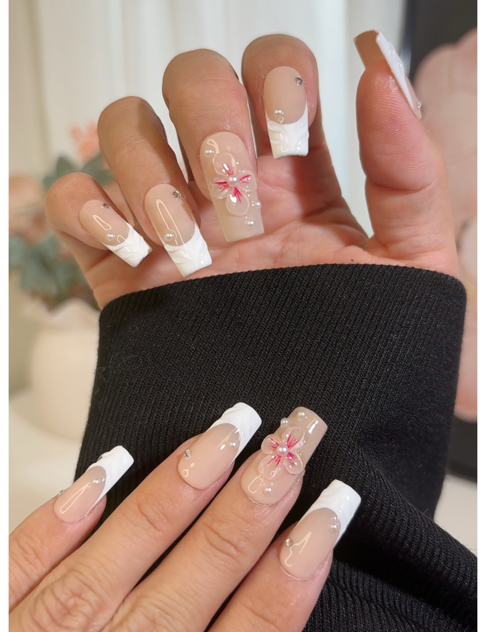 White 3D Floral French Tip Press-On Nails – Long Square with Rhinestone Accents