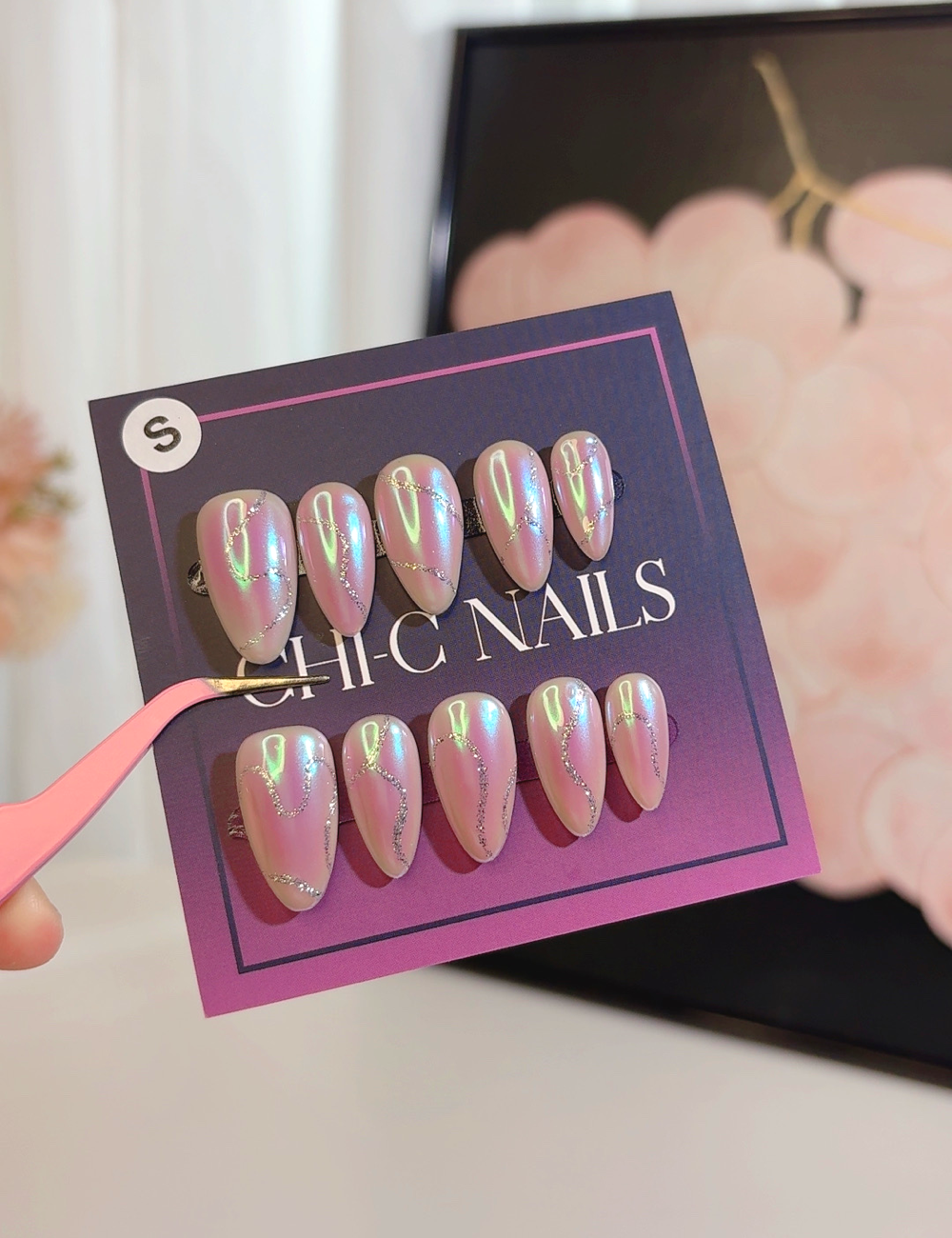 Iridescent Pink Cat Eye Press-On Nails – Medium Almond Chrome Shine with Pearl Detail