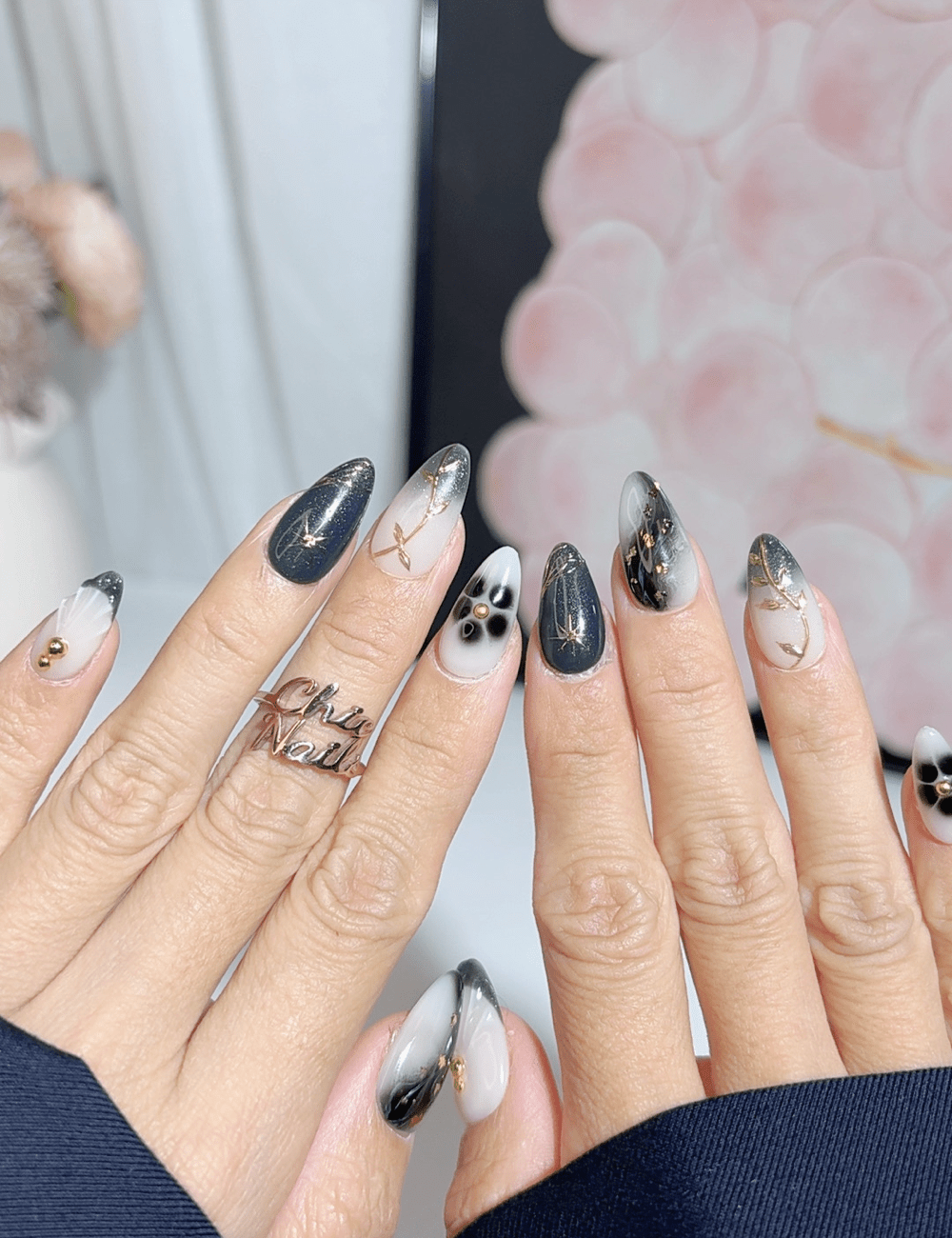 Midnight Bloom Gold Line Press On Nails