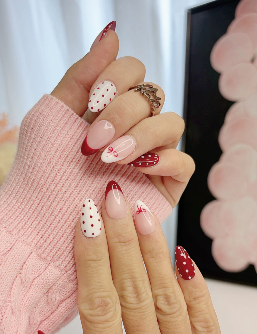 Handmade Red French Polka Dot Bow Short Almond Press-On Nails