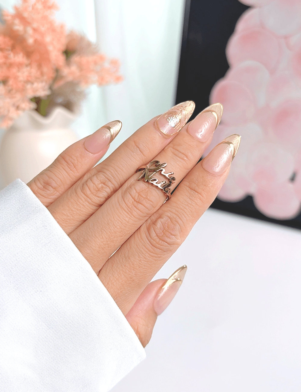 Gold Line French Press On Nails | Nude Almond Nails | Elegant Minimal Gold Design | Handmade Press On Nails