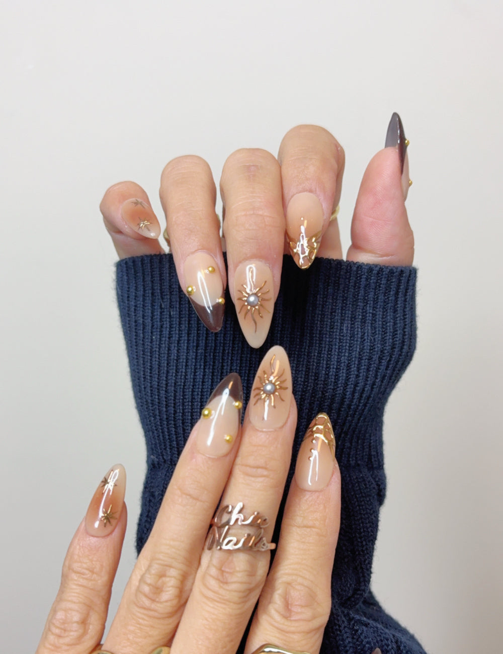 Handmade Mocha Celestial Press-On Nails – Medium Almond