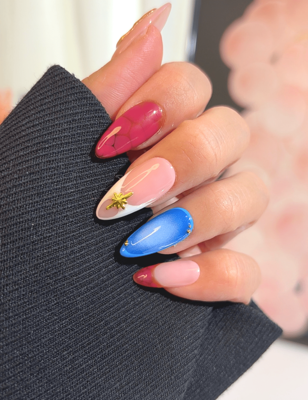 Blue Ombre & Marble Press-On Nails – Medium Almond | Star Accent Design