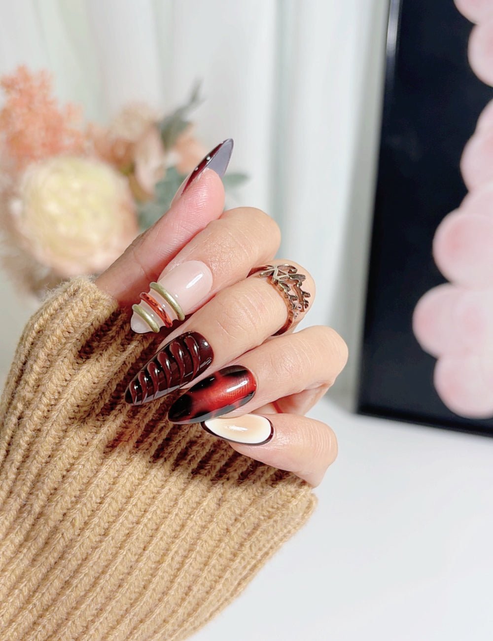 Dark Mocha Chocolate 3D Swirl & Gold Ring Press On Nails | Medium Almond Luxury Edition