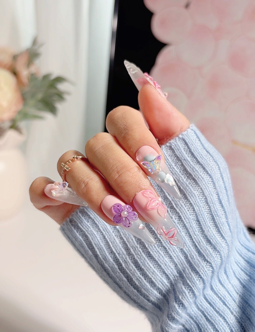 Stiletto Clear Pink Press-On Nails – 3D Flower Butterfly Rhinestone Nails