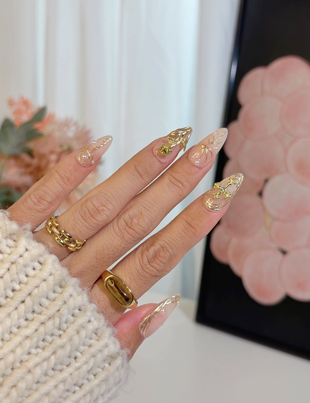 Golden Grace – Nude & Gold 3D Press-On Nails | Medium Almond