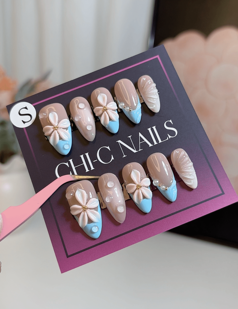 Blush Blue Bloom & Dewy Petals – Medium Almond