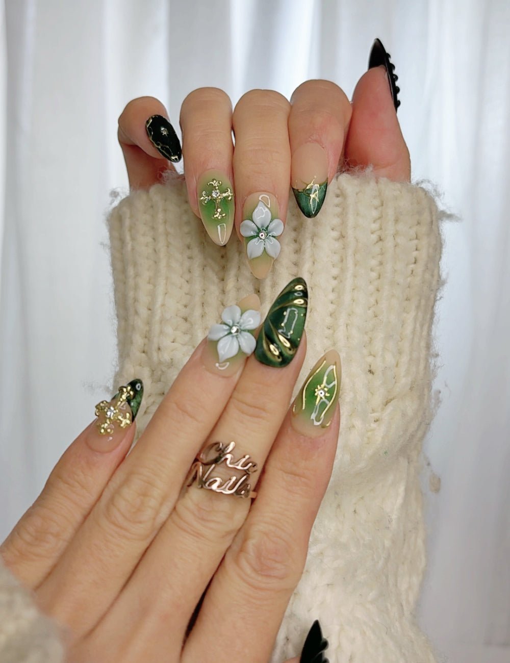 Forest Bloom Cross Press-On Nails | Green Marble Floral Nail Set