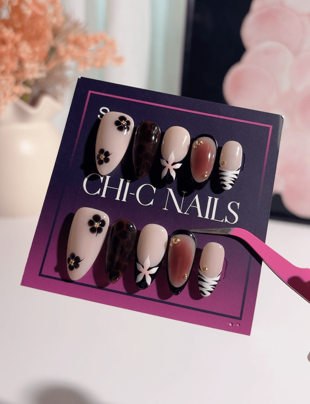 Black & Nude Floral Leopard Press-On Nails – Medium Almond