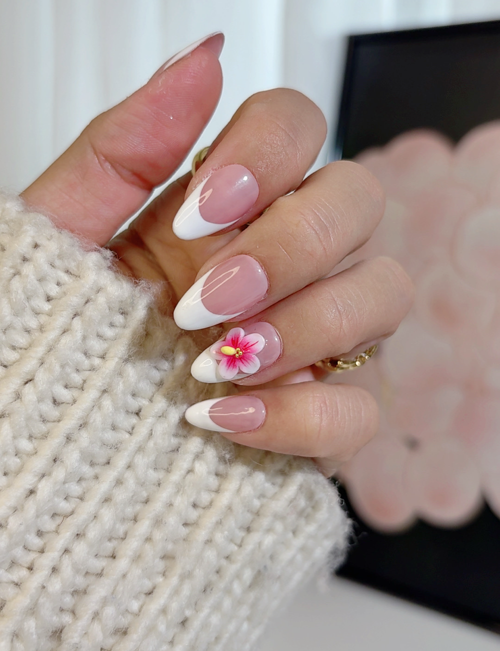 White French Press-On Nails with 3D Pink Flower – Medium Almond Spring Design