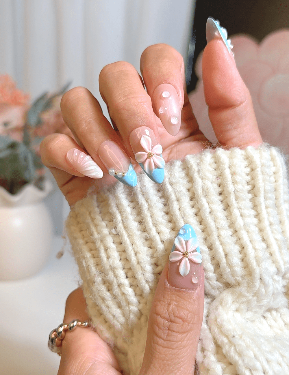 Blush Blue Bloom & Dewy Petals – Medium Almond