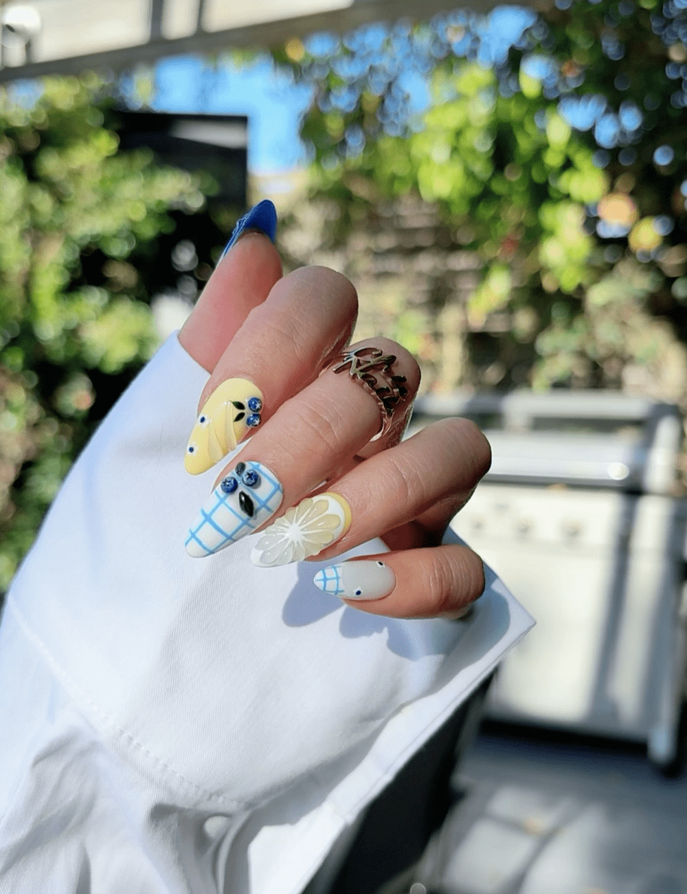 Blueberry Lemon Press-On Nails Set – 3D Fruit & Plaid Summer Design