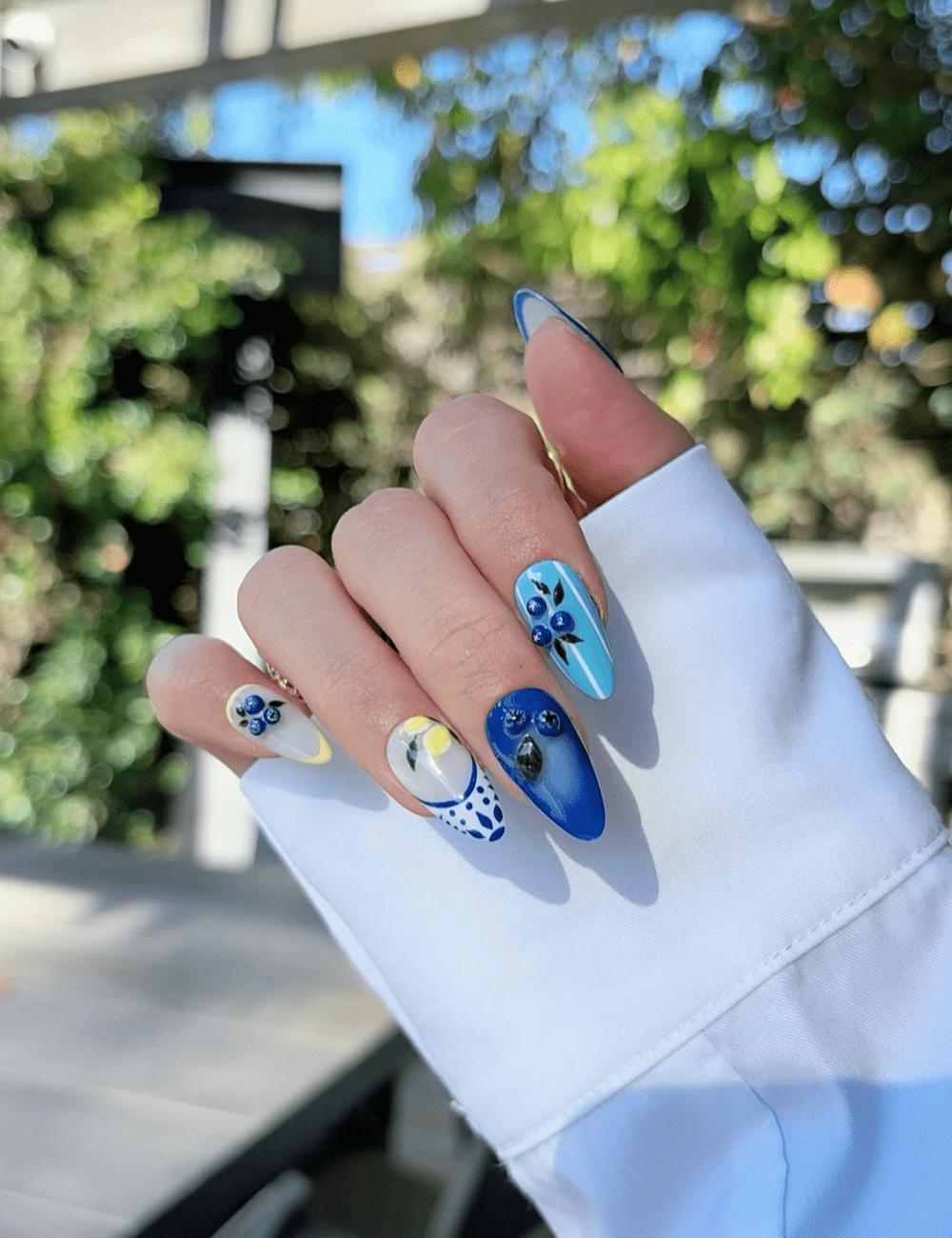 Blueberry Lemon Press-On Nails Set – 3D Fruit & Plaid Summer Design