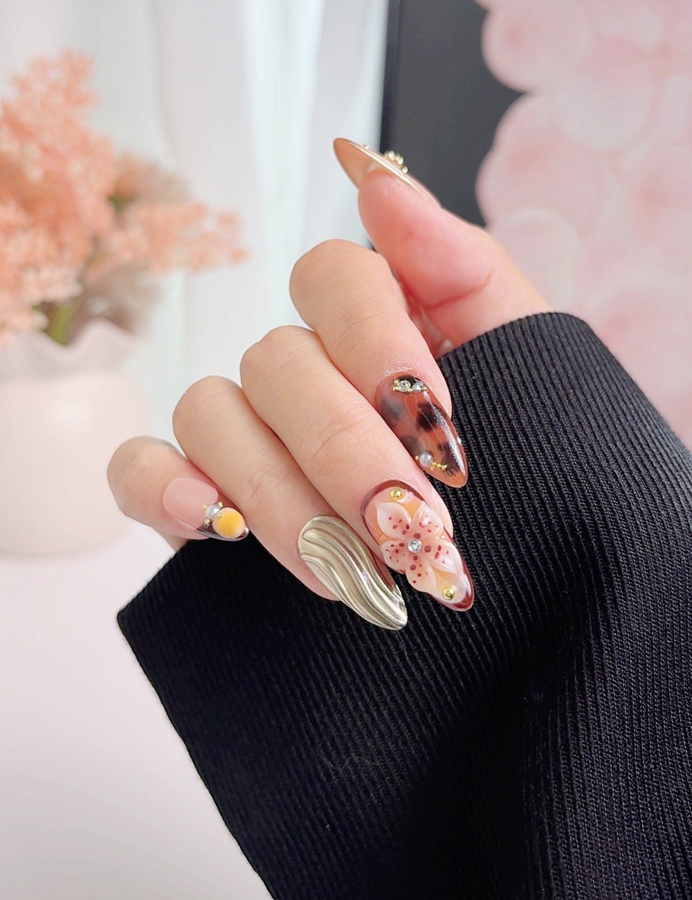 Floral Press On Nails with Glue, Medium Almond, Handmade 3D Flower Nails, Gold Detail Artistic Nails