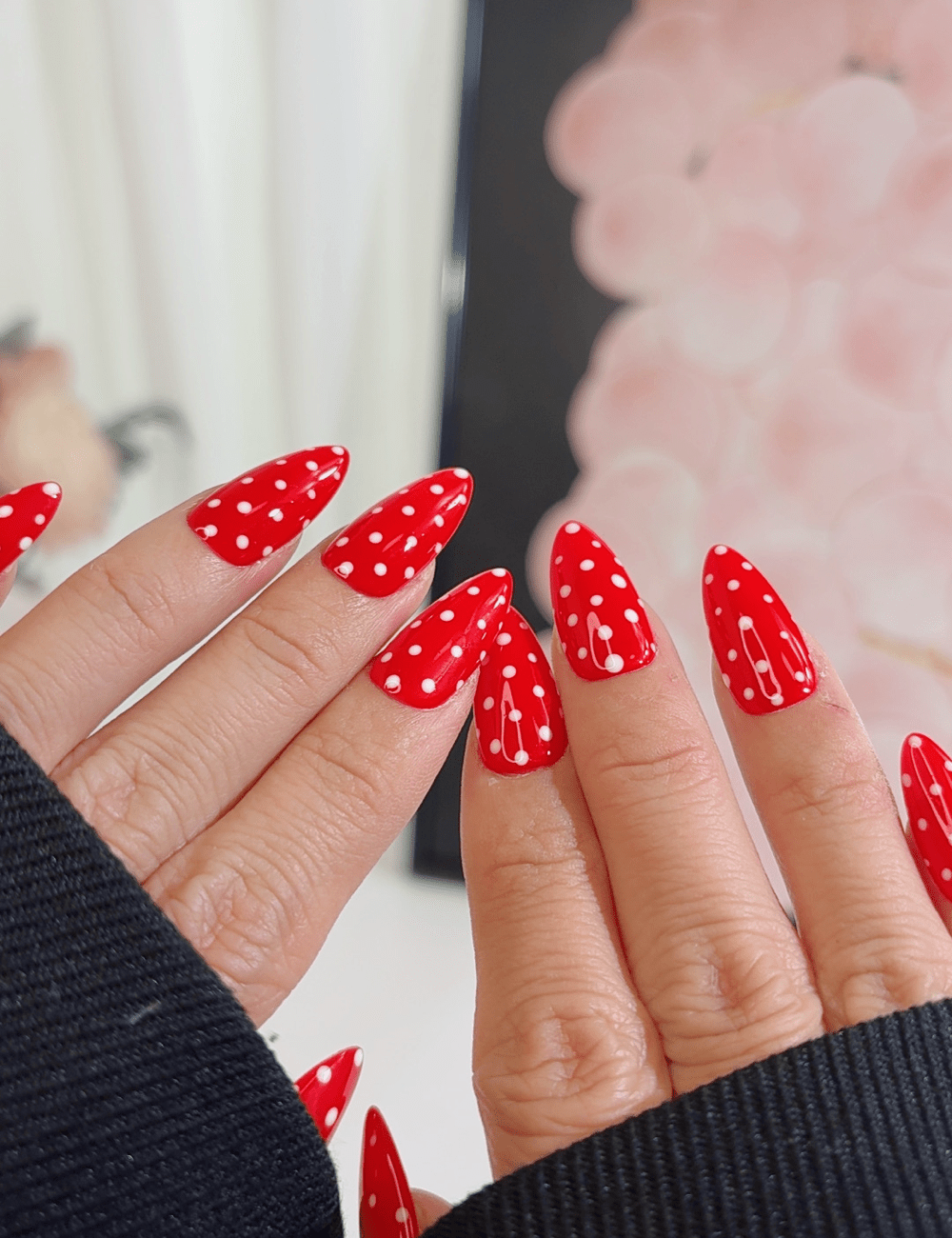 Red Polka Dot Press-On Nails | Medium Almond Reusable