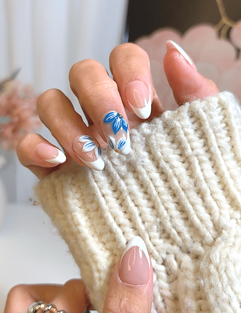 Hand-Painted Blue Petals – Short Almond