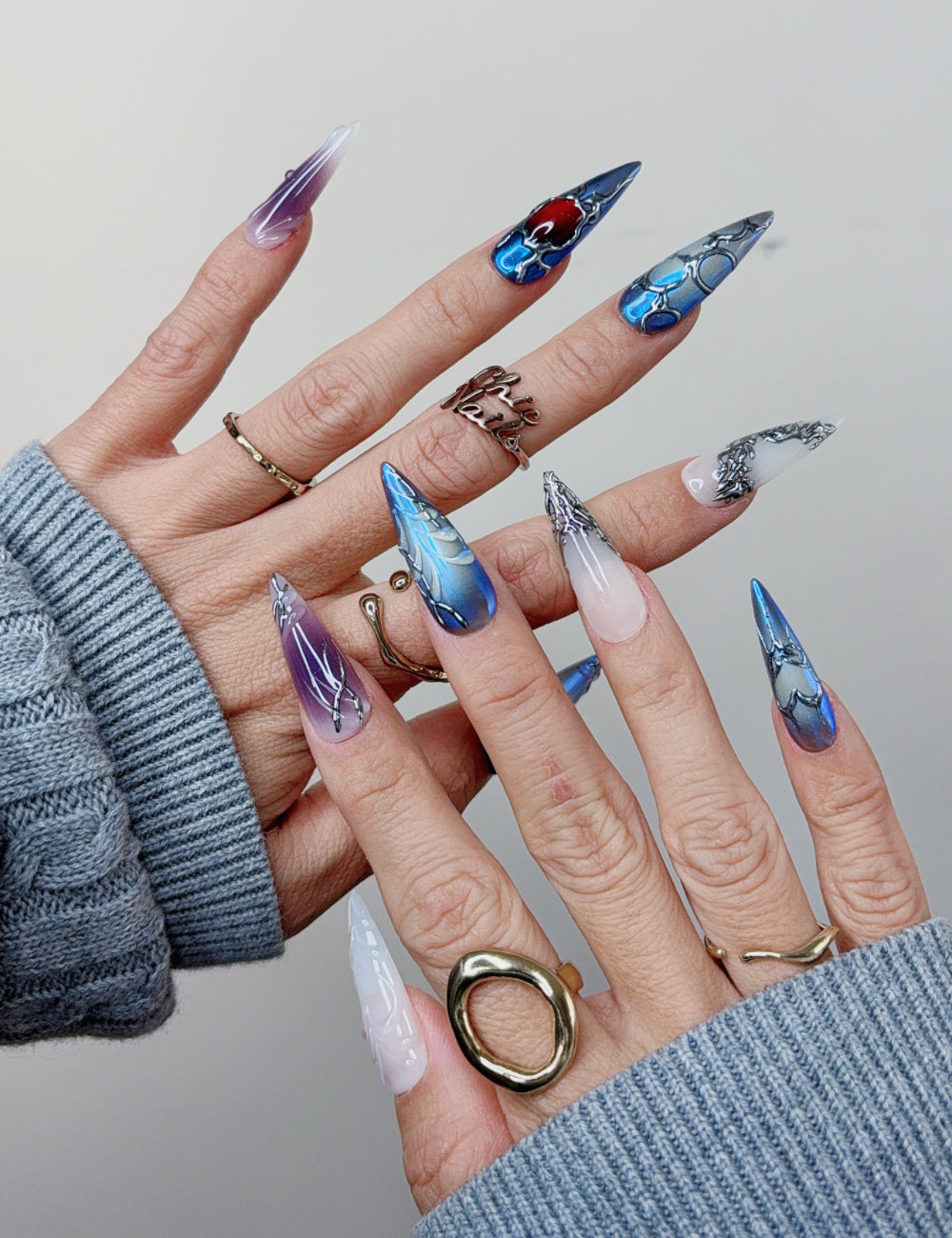 Blue Gothic Fantasy Long Stiletto Press On Nails