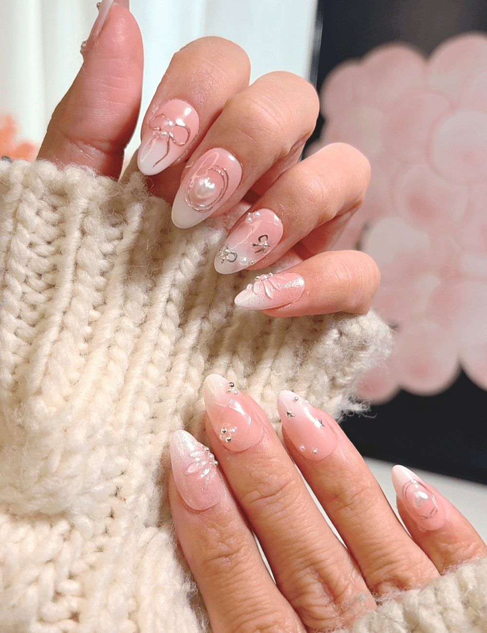 Blush Bow 3D Press-On Nails – Short Almond Romantic Set