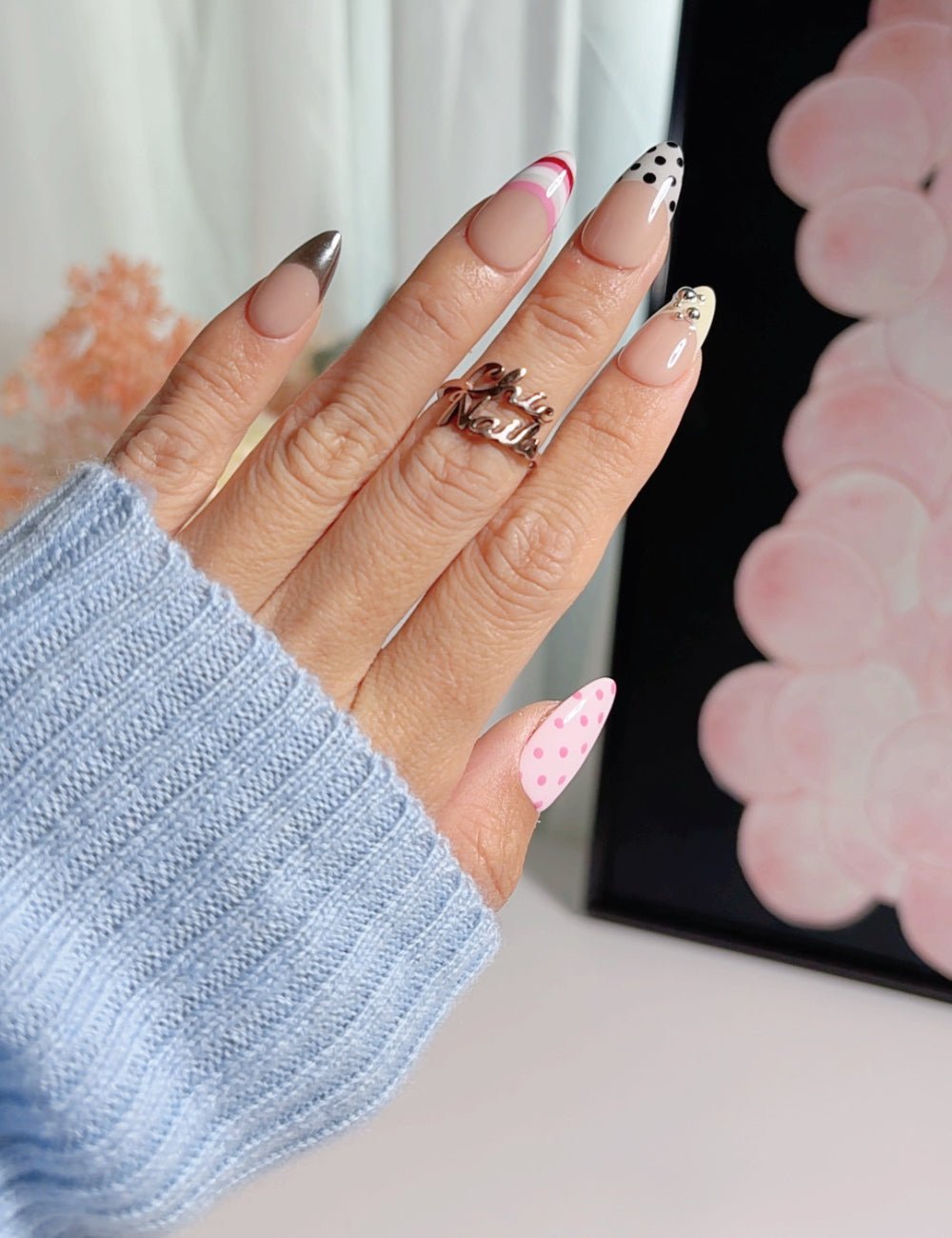 Modern Mix French Press-On Nails - Polka Dot & Chrome Silver Art - Medium Almond