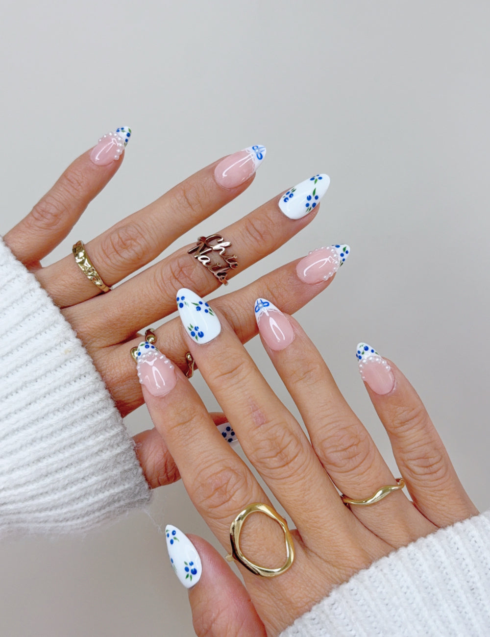 Blue Floral French Short Almond Press On Nails