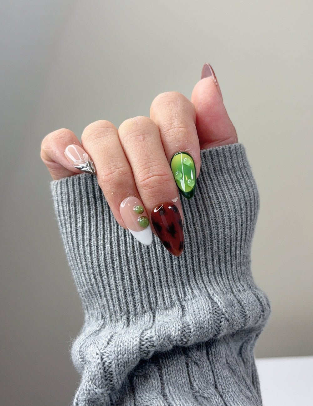 Water Drop Press-On Nails - Vibrant Green & Orange Reusable Nails - Medium Almond