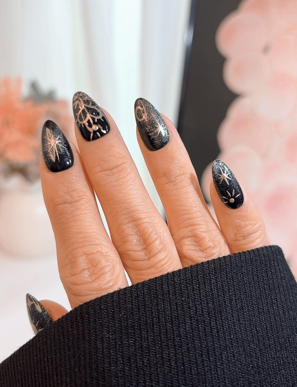 Celestial Star   Moon Press-On Nails – Short Almond | Black  Gold Cosmic Design