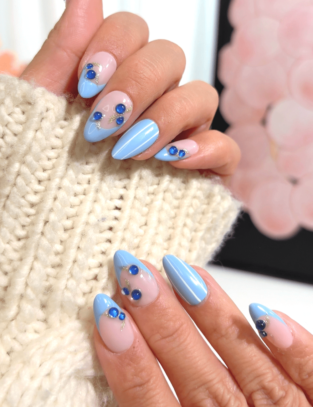 Short Nude & Blue Rhinestone Press-On Nails – Two-Tone Almond Designawa