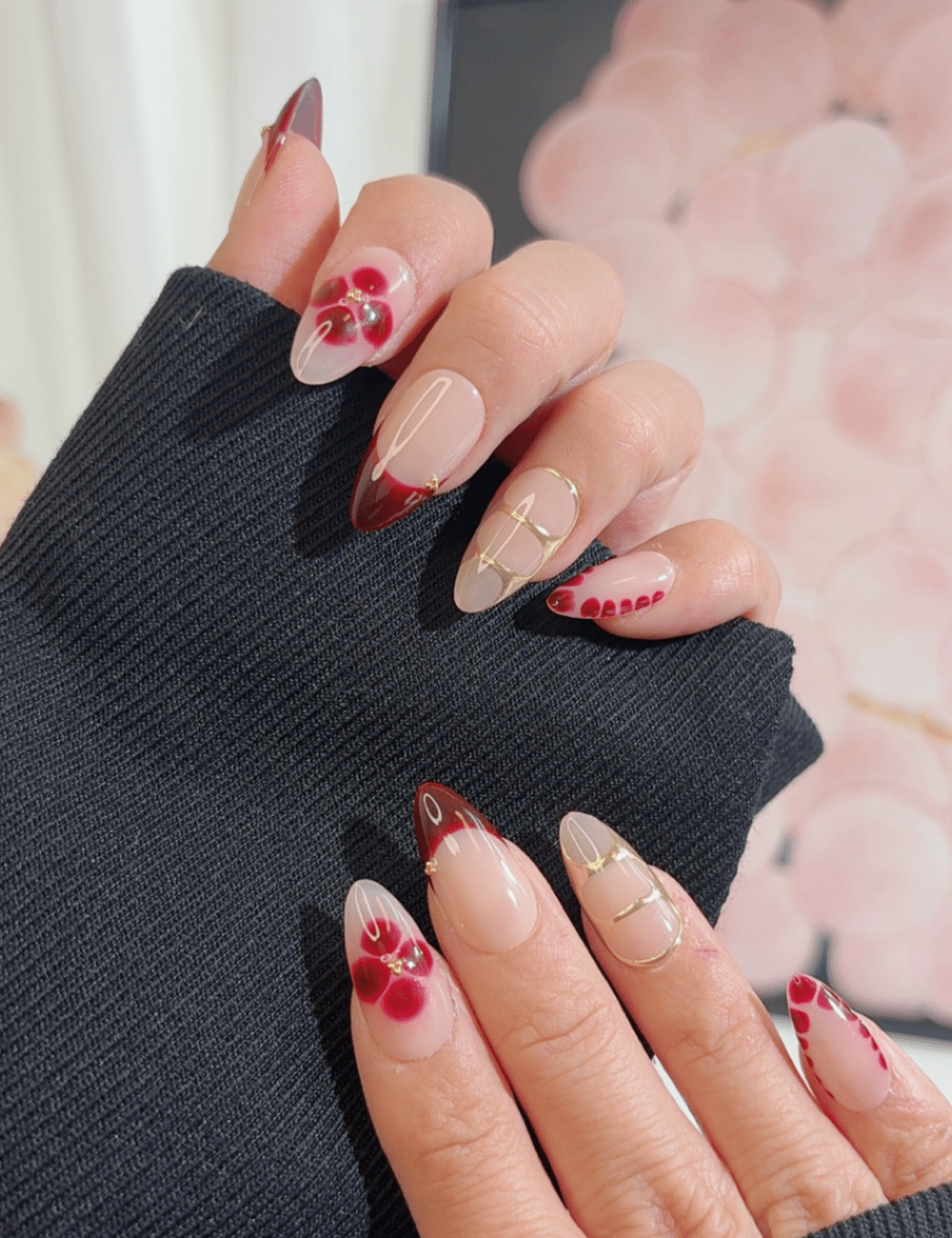 Burgundy Floral French Press-On Nails | Medium Almond