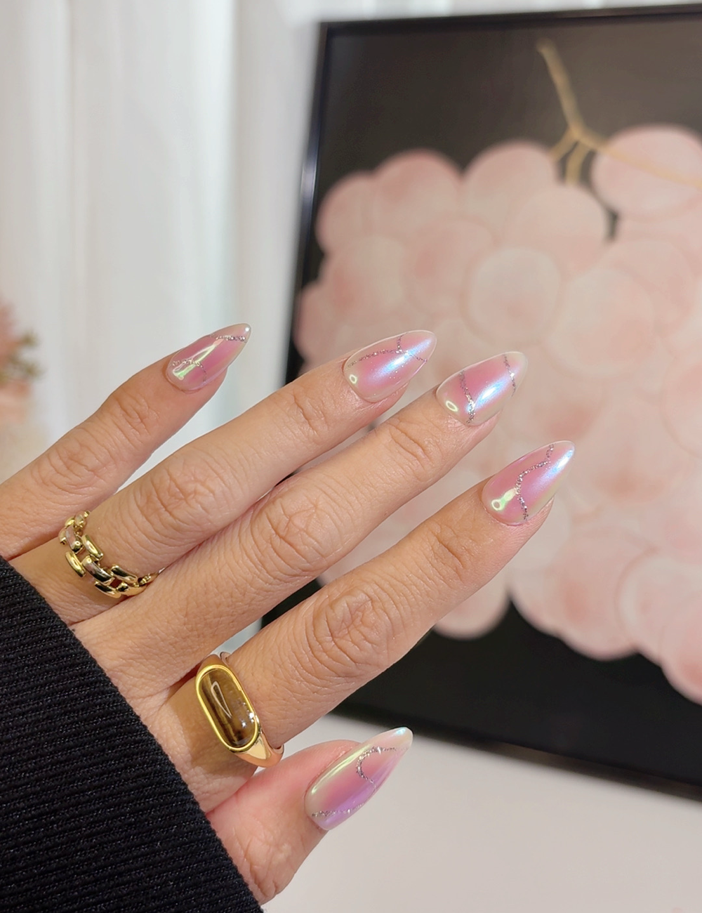 Iridescent Pink Cat Eye Press-On Nails – Medium Almond Chrome Shine with Pearl Detail