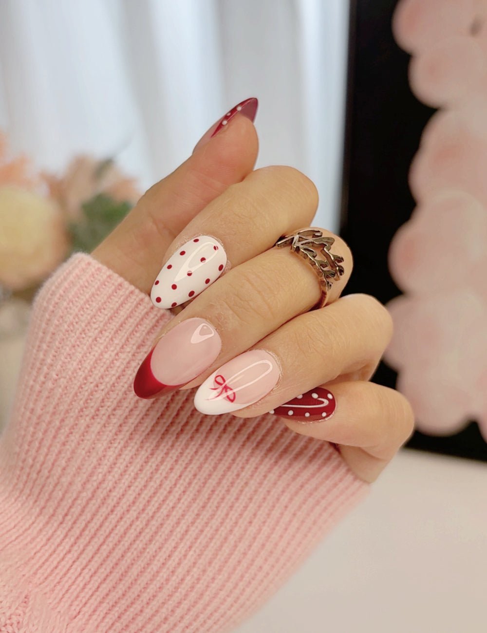 Handmade Red French Polka Dot Bow Short Almond Press-On Nails