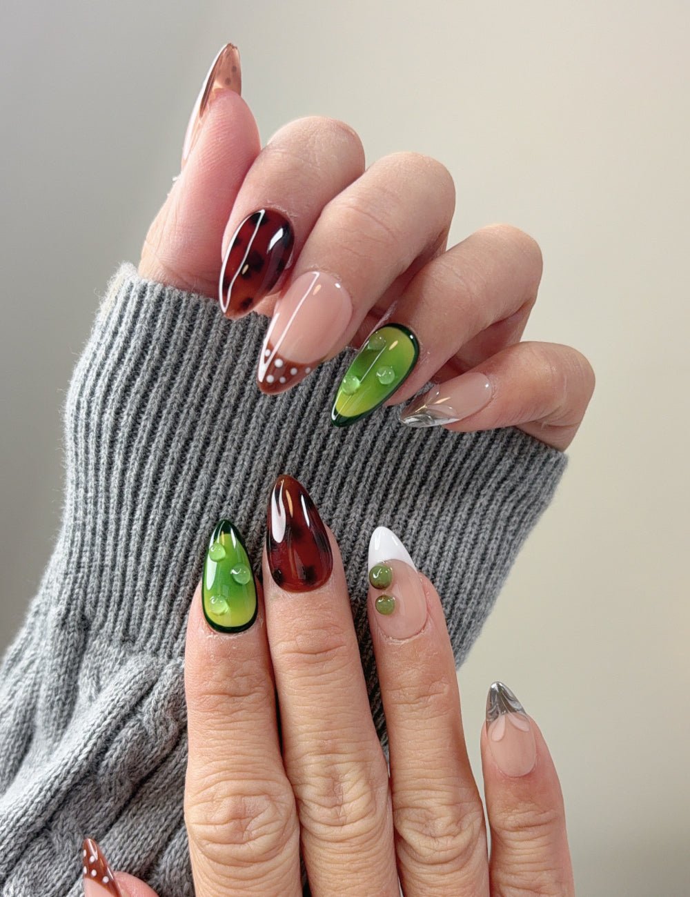 Water Drop Press-On Nails - Vibrant Green & Orange Reusable Nails - Medium Almond