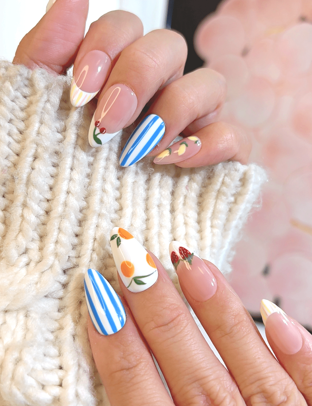 Fruit Mix Press-On Nails – Medium Almond | Summer Stripes & Fruity Design