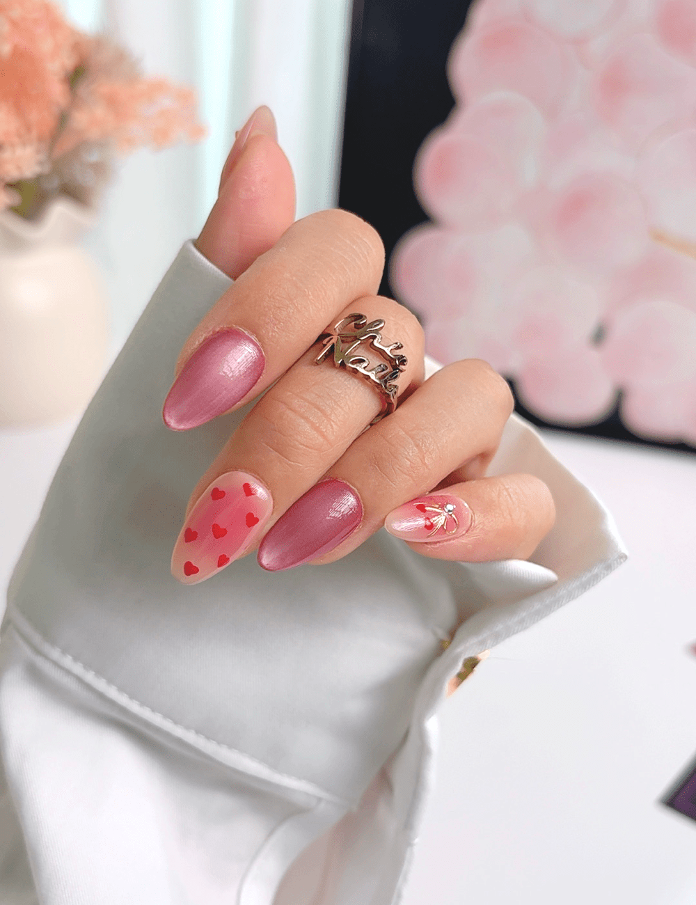 Valentine Heart Chrome Press On Nails – Short Almond Pink Love Design