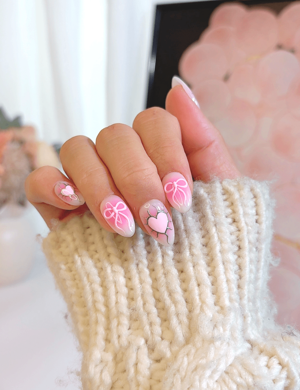 Pink Bow & Heart Press-On Nails – Short Almond | 3D Cute Design
