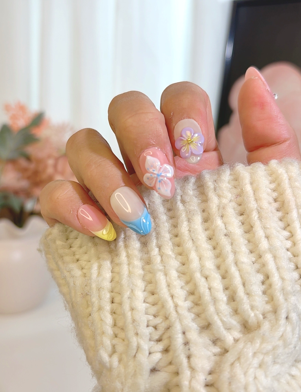 Pastel Bloom Press-On Nails – Pink & Blue Floral 3D Design | Short Almond Spring Nails