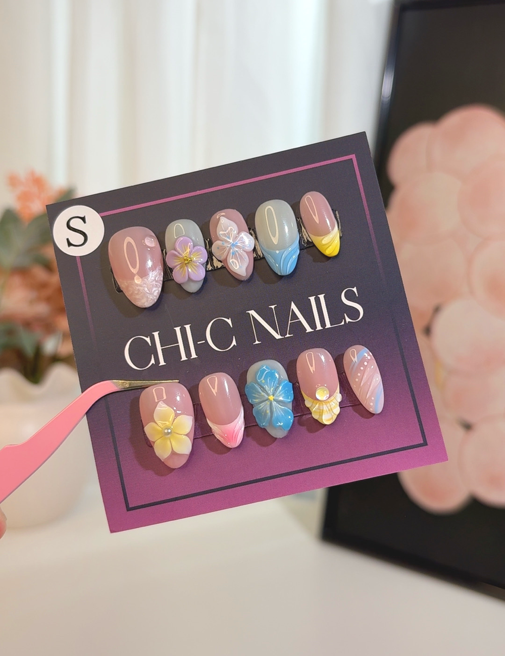 Pastel Bloom Press-On Nails – Pink & Blue Floral 3D Design | Short Almond Spring Nails