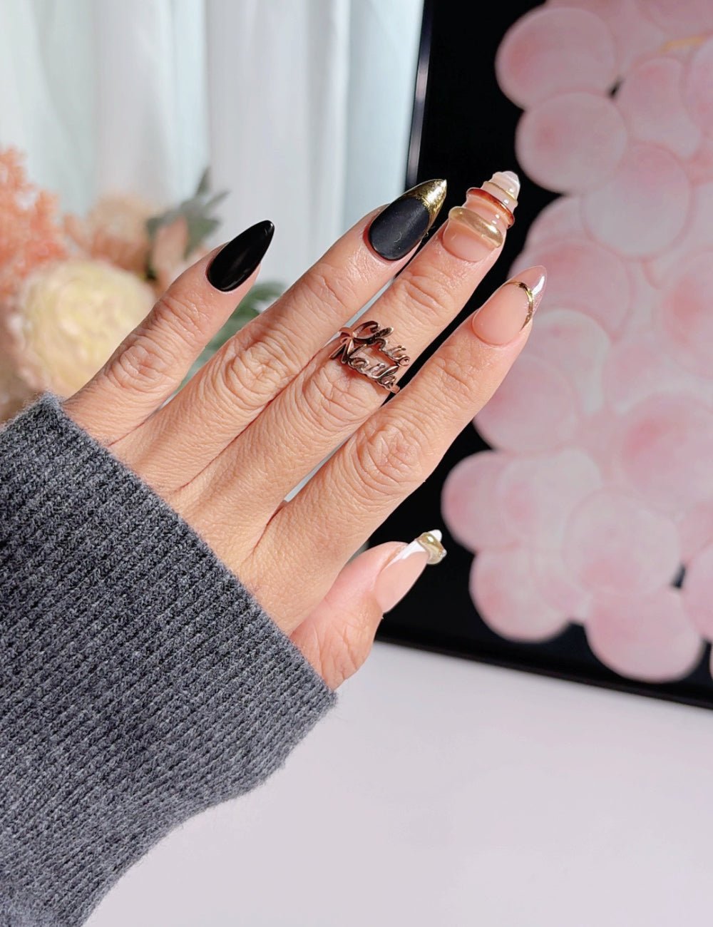 Handmade Gothic Black Nails with Gold Accents - Reusable Medium Almond Luxury Manicure