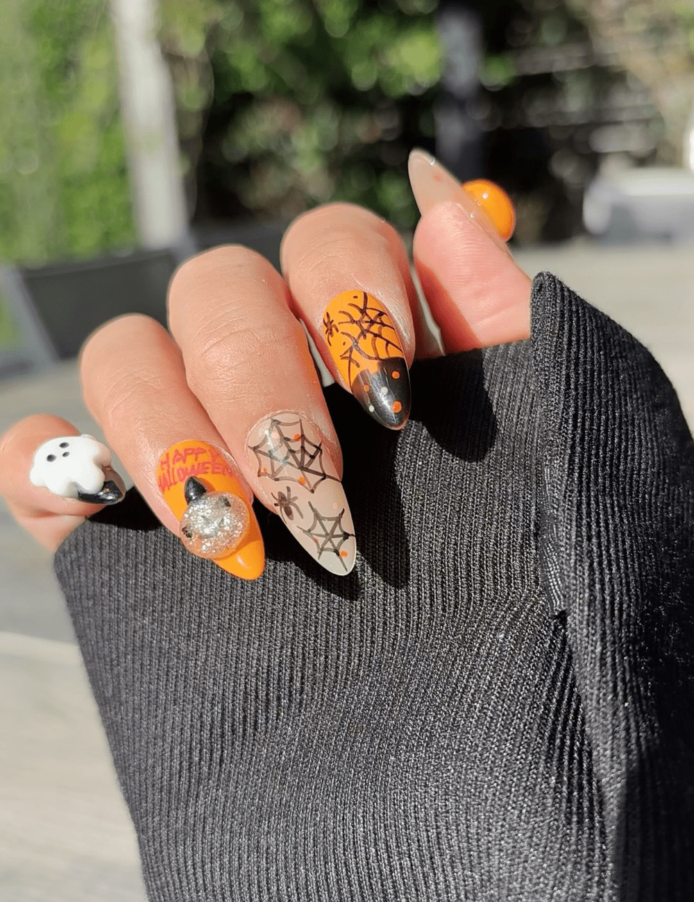 Halloween Pumpkin & Ghost Press-On Nails – Medium Almond with 3D Pumpkin & Spider Webs