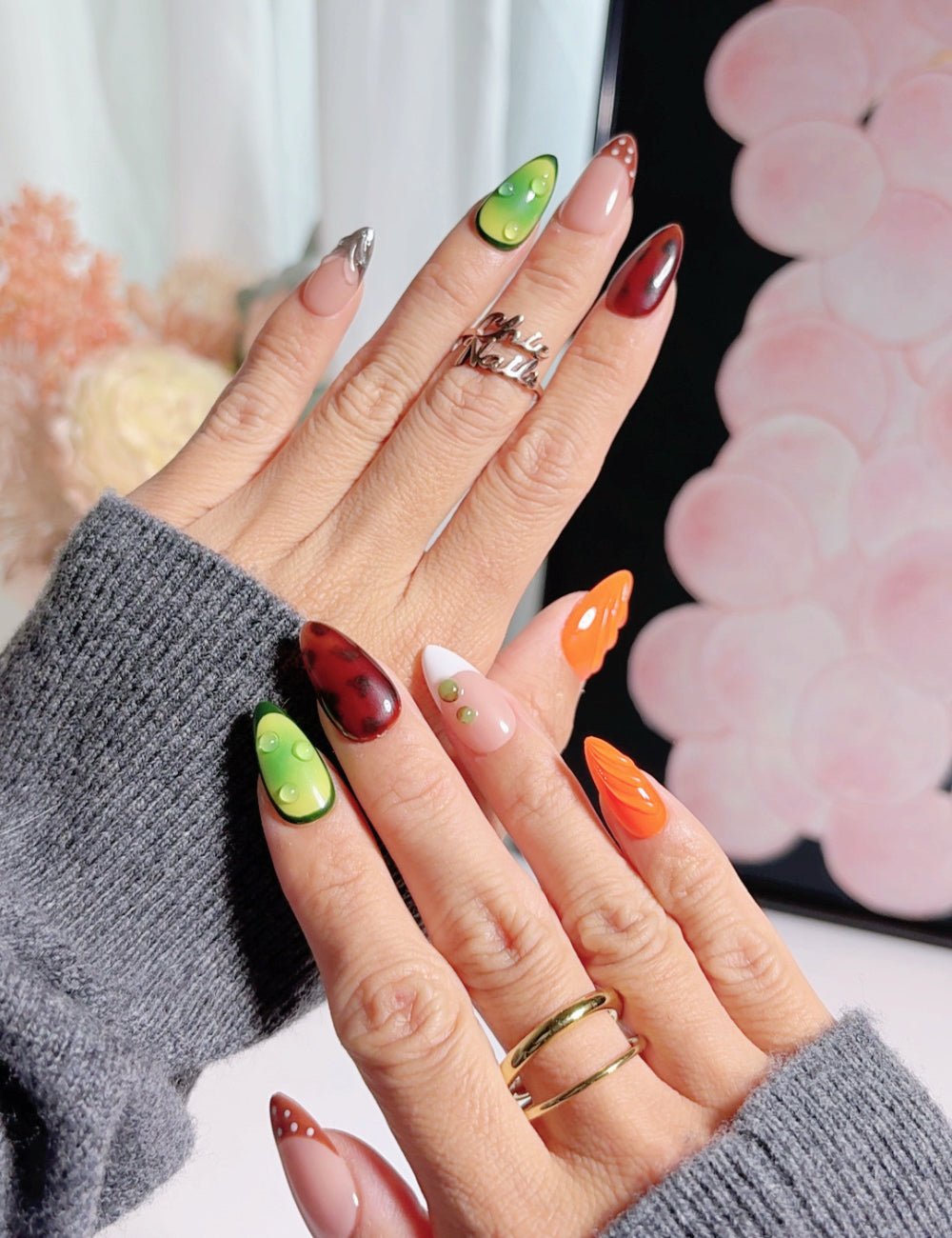 Custom 3D Water Drop Press-On Nails - Vibrant Green & Orange Reusable Nails - Medium Almond