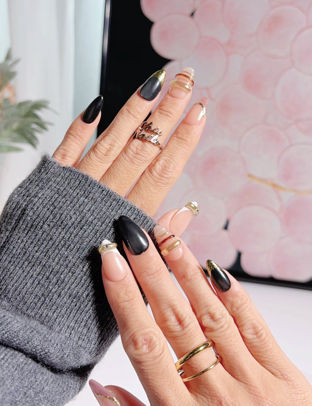 Handmade Gothic Black Nails with Gold Accents - Reusable Medium Almond Luxury Manicure