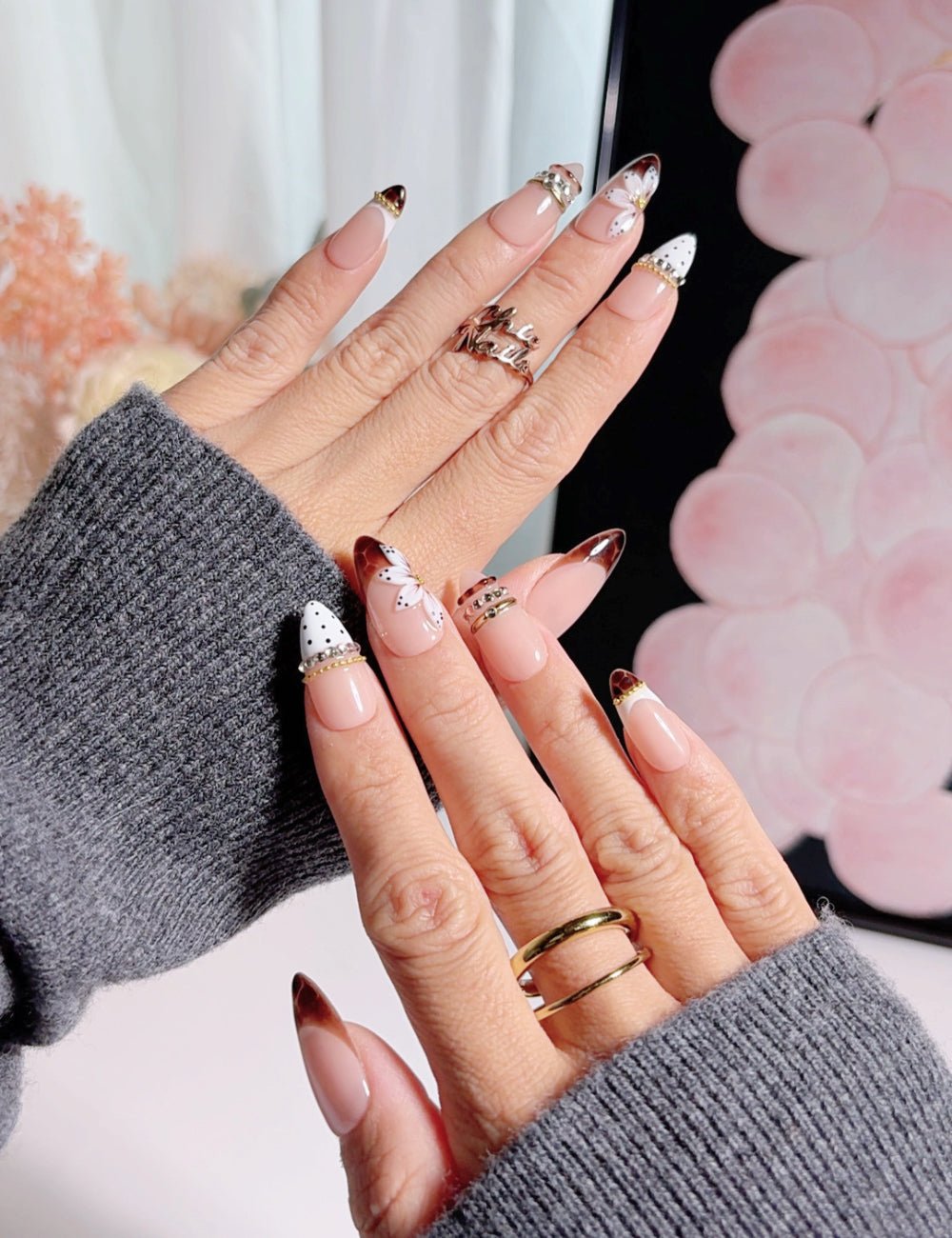 Handmade Medium Almond Press-On Nails - 3D Floral & Polka Dot Luxury Fake Nails