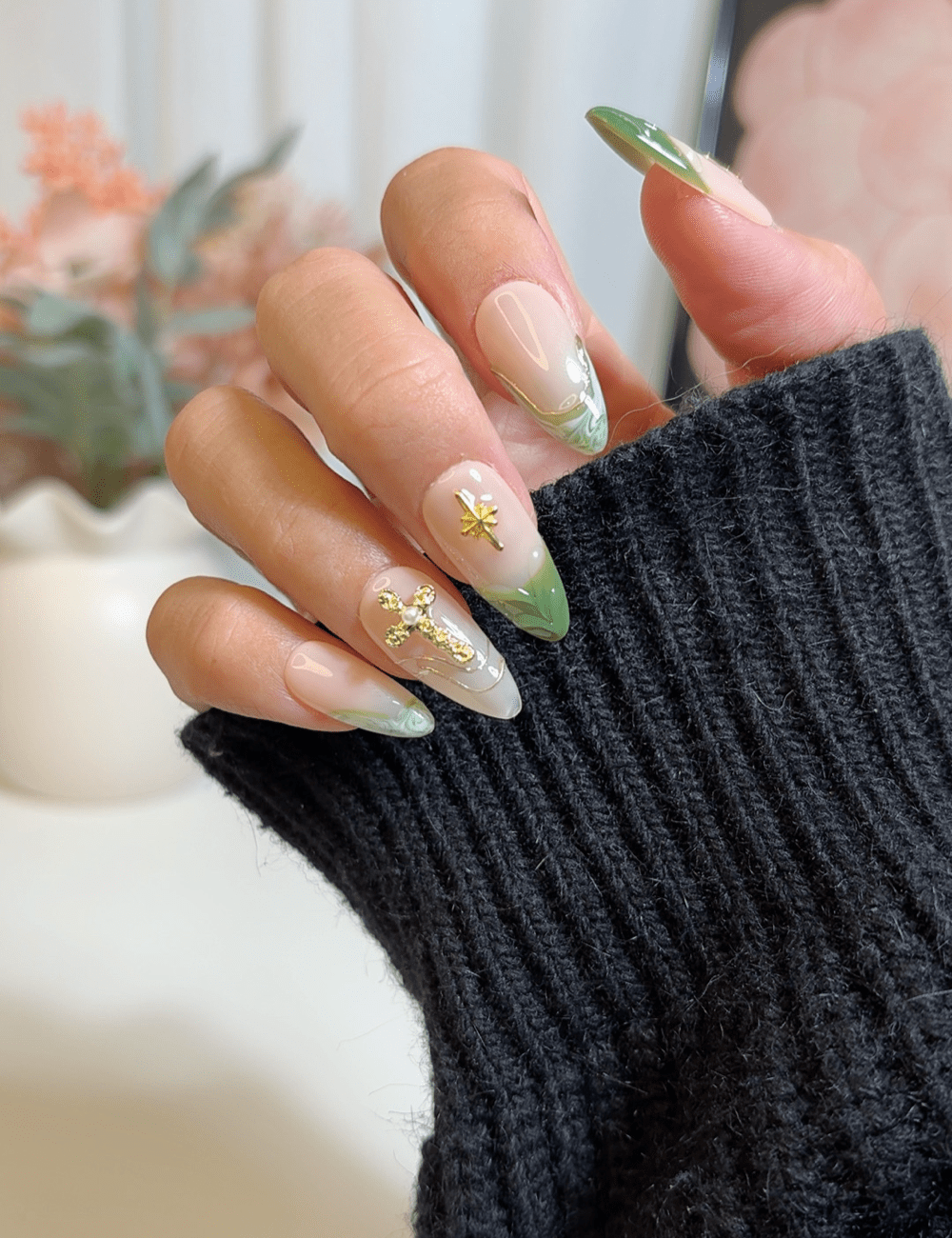 Green Marble & Gold Cross Press-On Nails – Medium Almond