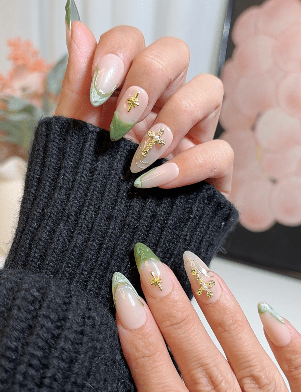 Green Marble & Gold Cross Press-On Nails – Medium Almond