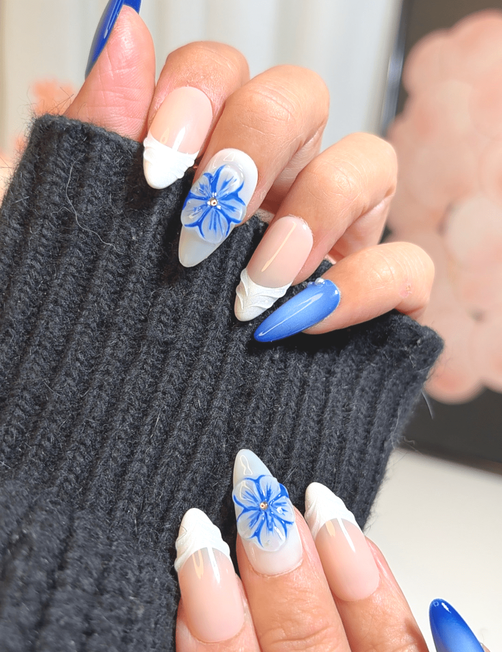 Ocean Bloom – 3D Blue & White Press-On Nails | Medium Almond