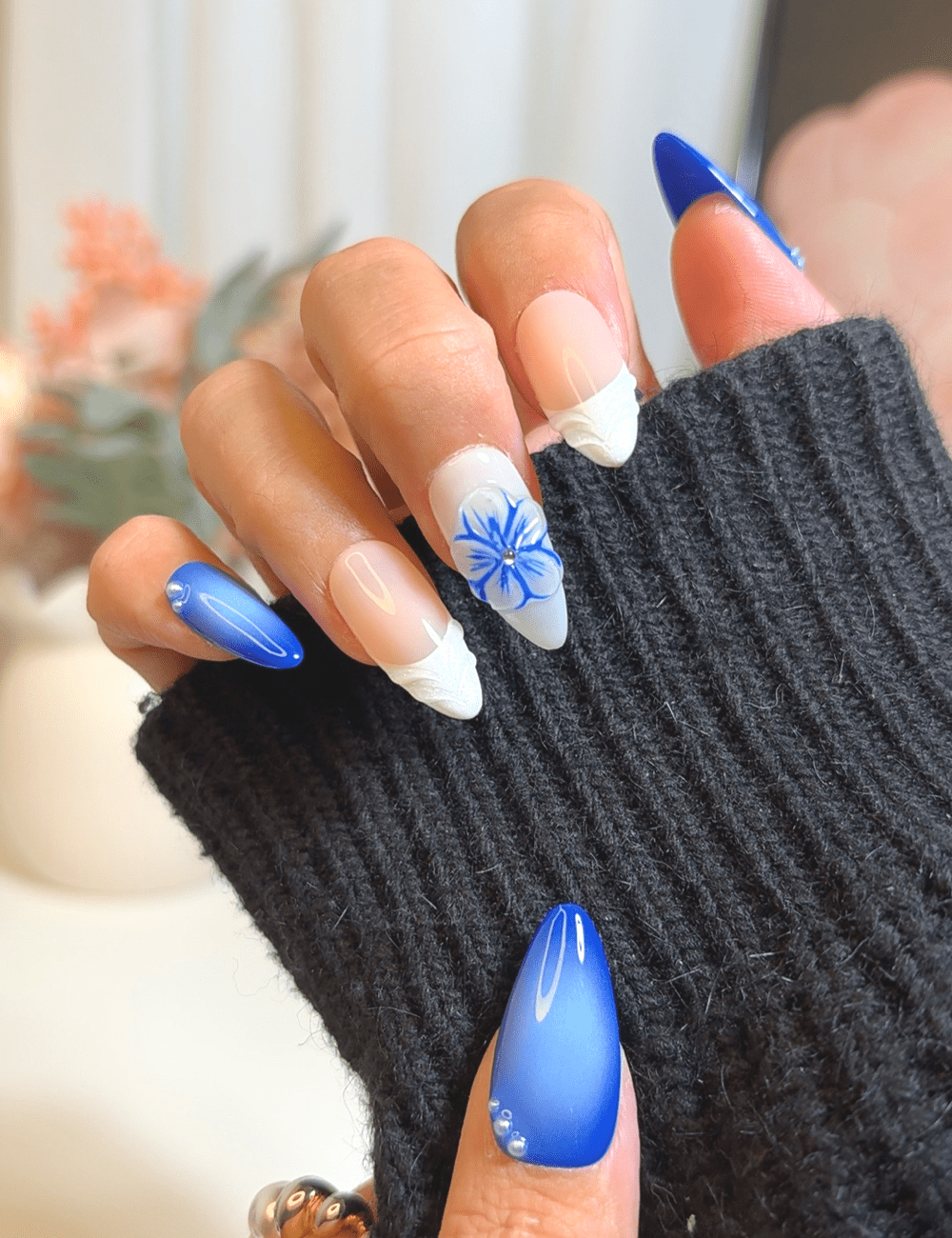 Ocean Bloom – 3D Blue & White Press-On Nails | Medium Almond