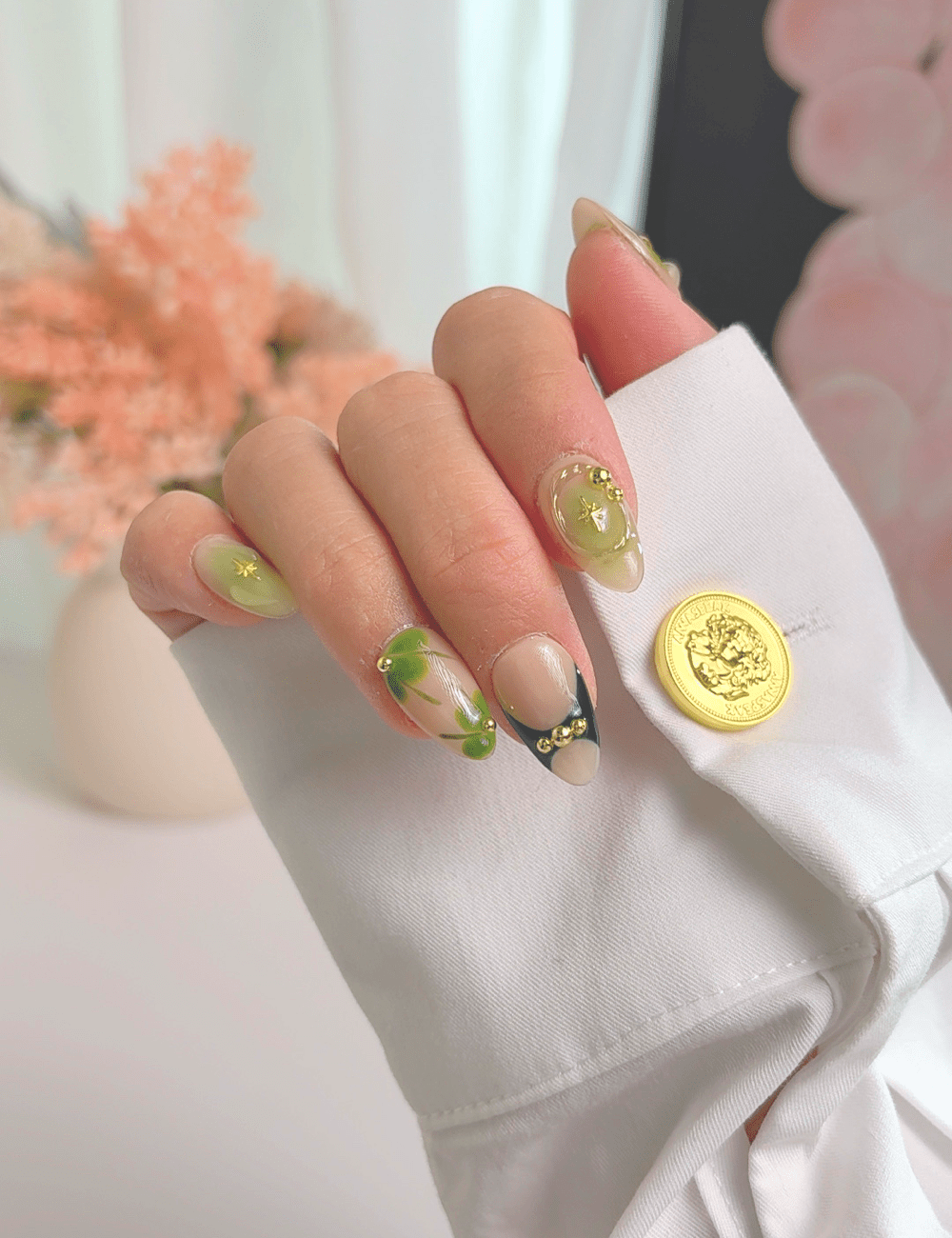Green French Press On Nails with Glue, Short Almond, Handmade Floral Leaf Nails, Gold Detail Minimal Nails