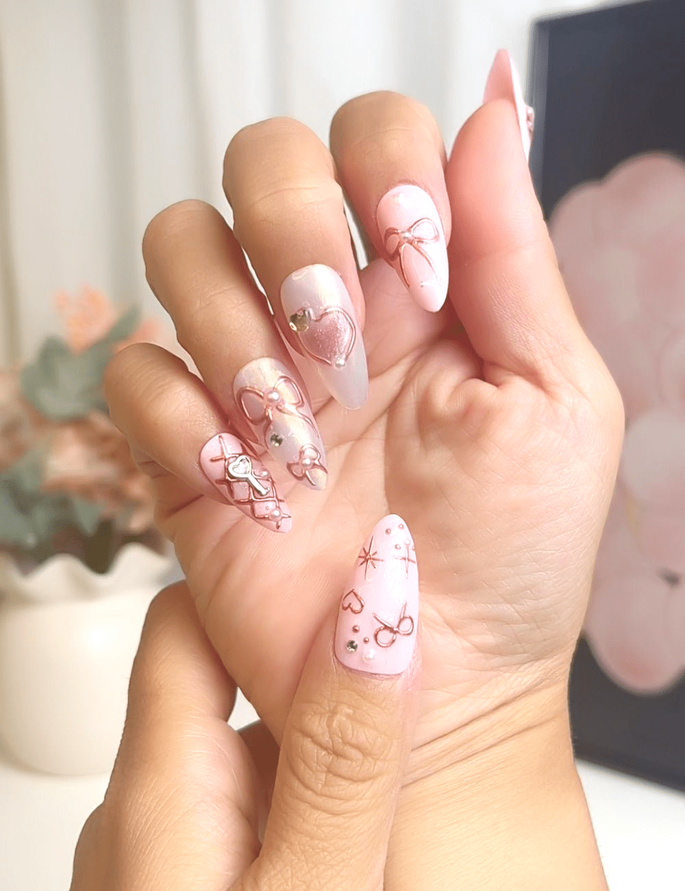 Blush Fantasy – 3D Pink Pearl Press-On Nails
