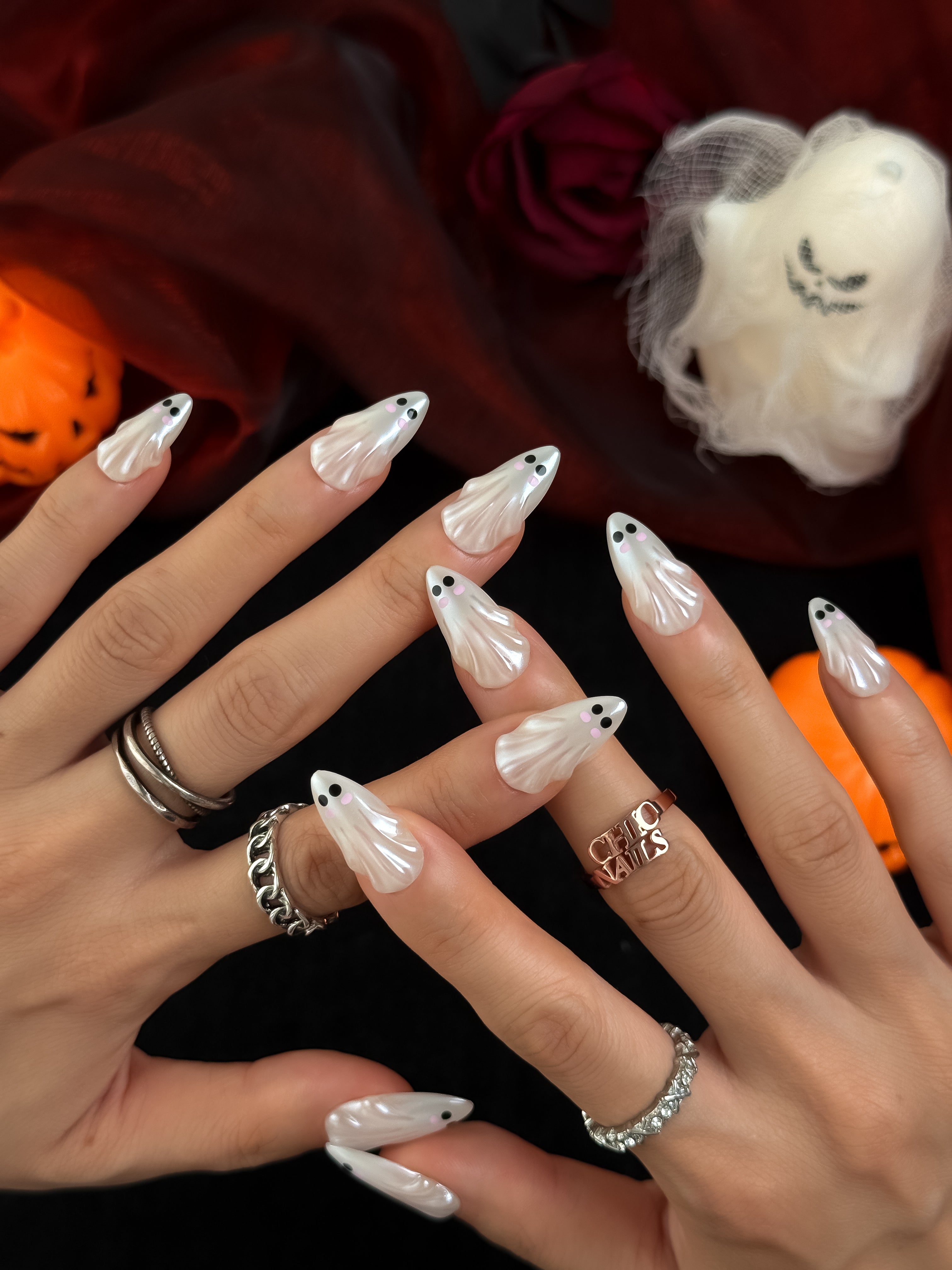 Pearl Ghost Medium Almond Press On Nails
