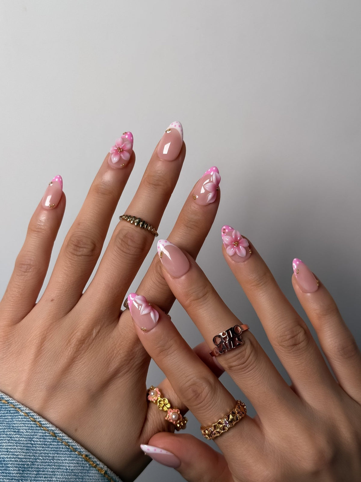 Pink Camellia 3D Floral Press On Nails Short Almond