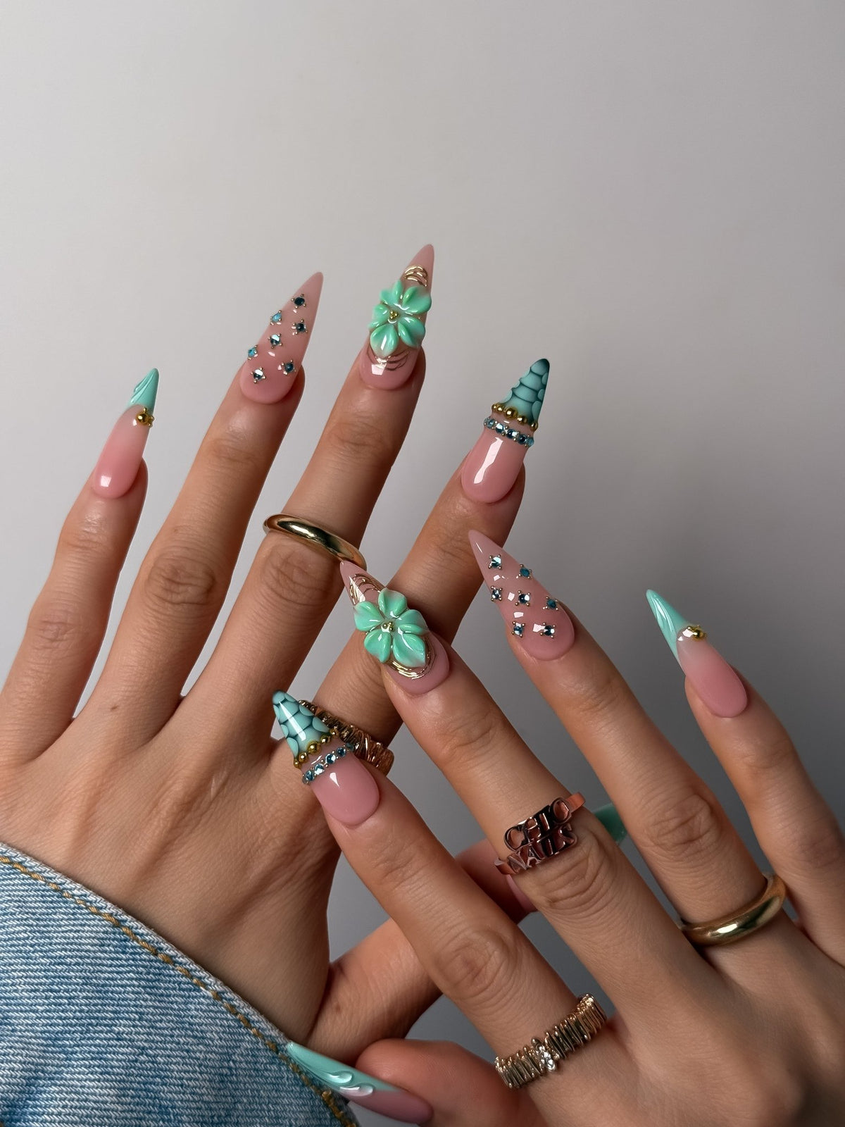 Azure Blossom 3D Floral Press On Nails Long Stiletto